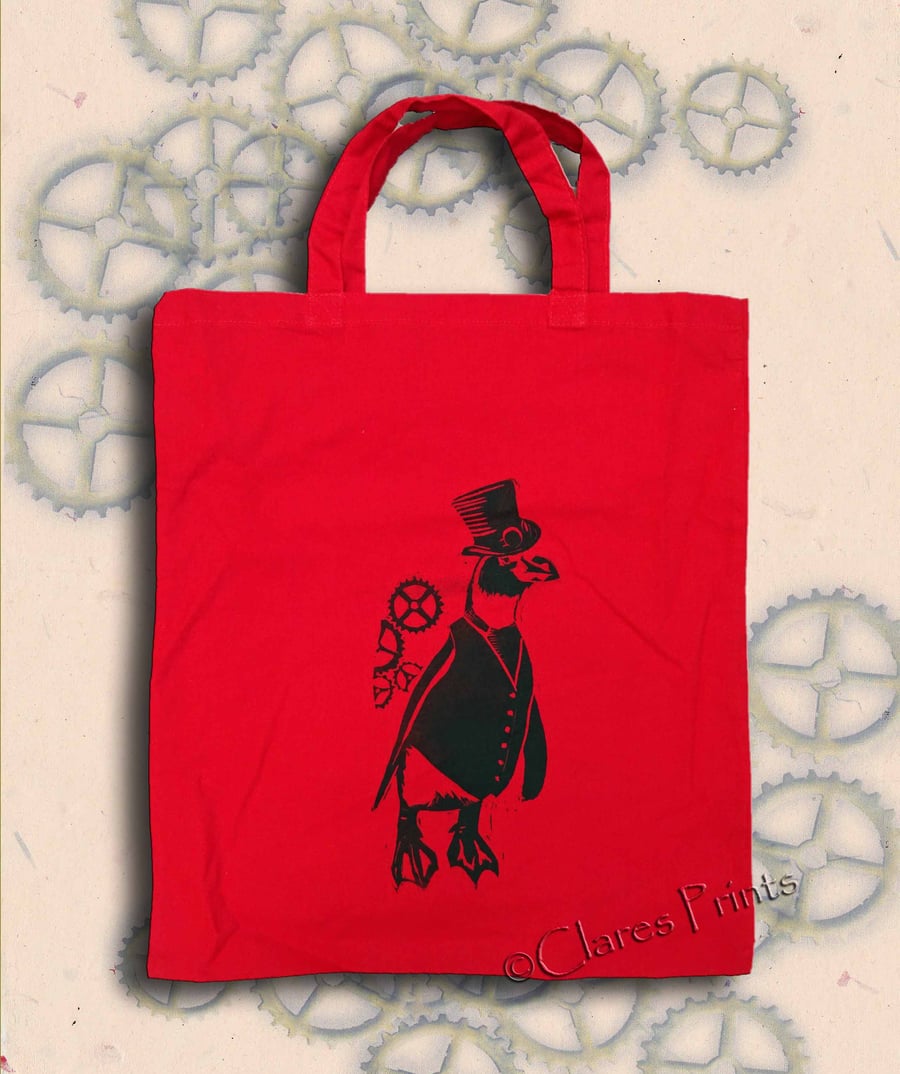 Steampunk PenguinTote Bag Animal Linocut Hand Printed Red Shopping Bag
