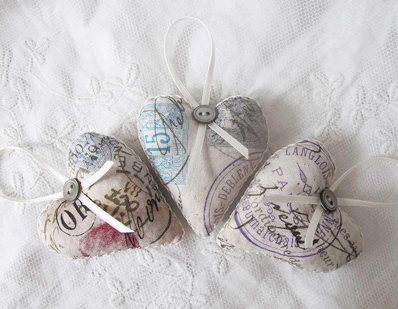 SET OF 3 LAVENDER BAGS - TIM HOLTS FABRIC POSTAGE HEART SHAPED