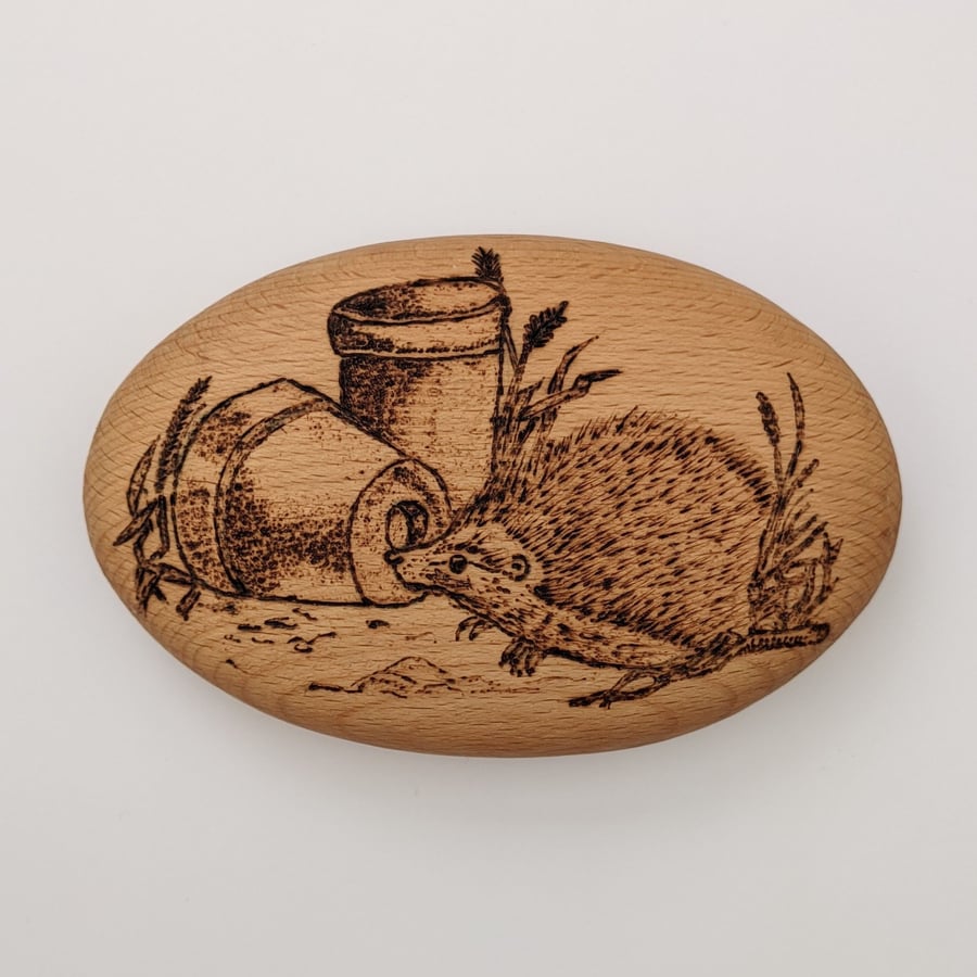 Hedgehog pyrography giant wooden pebble gift
