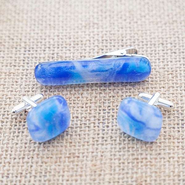 Marbled Blue Fused Glass Cufflink and Tie Bar Set