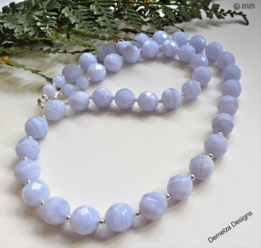 Designer Blue Lace Agate Sterling Silver Necklace 