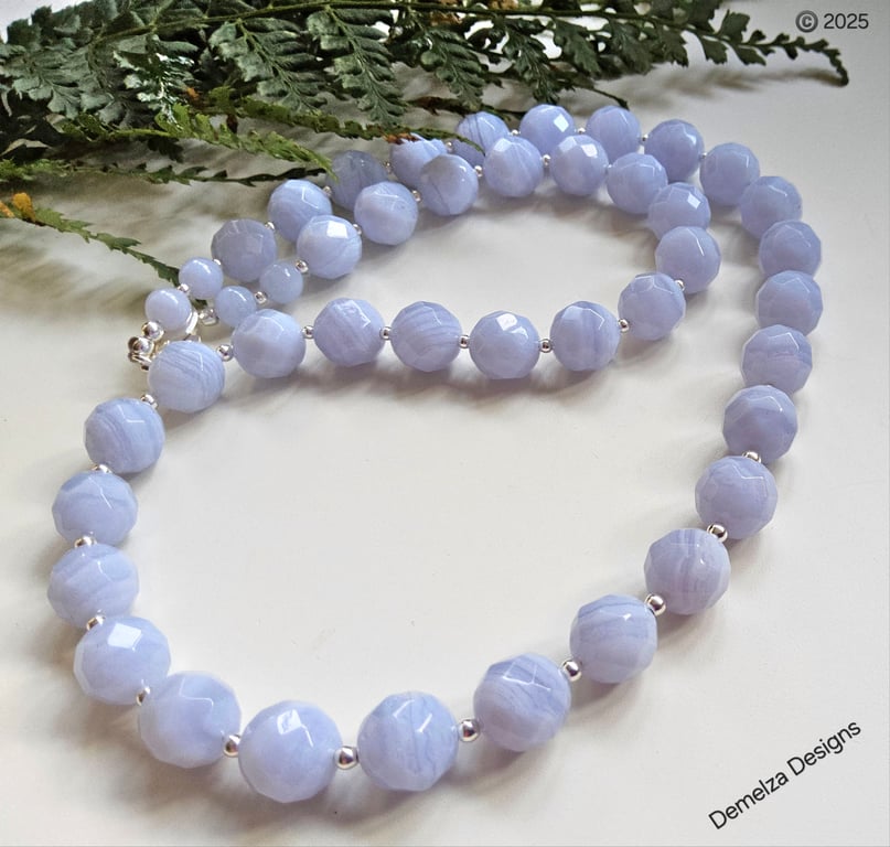 Designer Blue Lace Agate Sterling Silver Necklace 