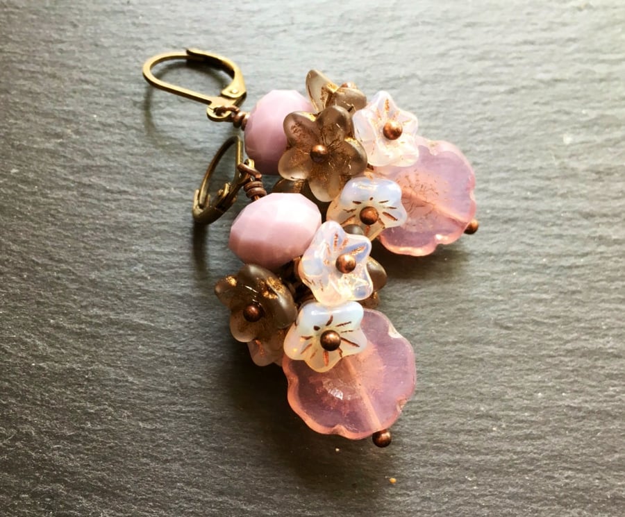 Cotton Candy Blooms Czech Glass Floral Cluster Drop Earrings