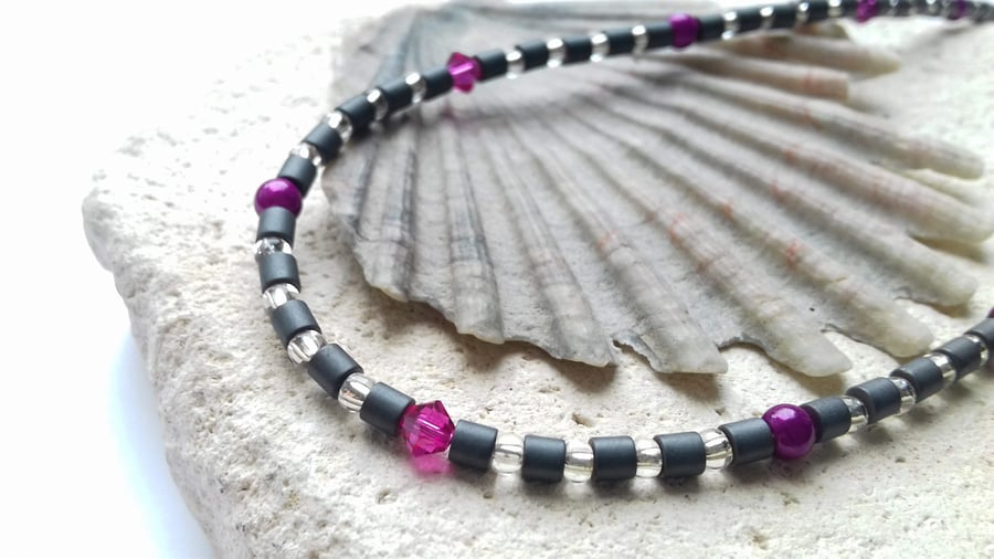 Hematite, Glass Bead and Bi-Cone Crystal Necklace