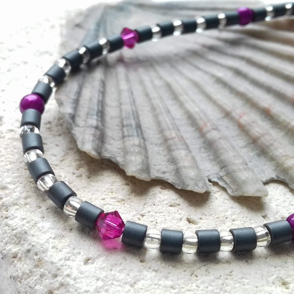 Hematite, Glass Bead and Bi-Cone Crystal Necklace