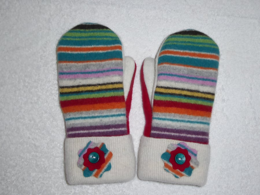 Mittens Created from Up-cycled Wool Jumpers. Fully Lined. Cream Cuff