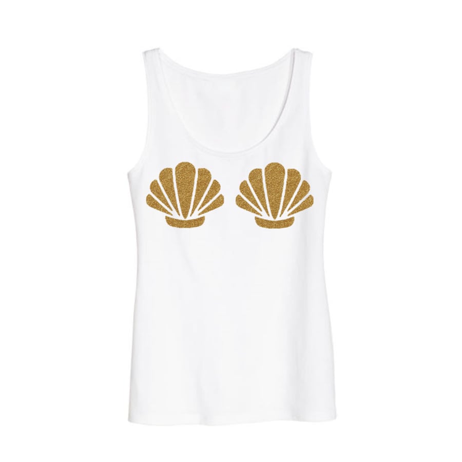 Festival Mermaid Gold Glitter Shell White Vest Tank Top