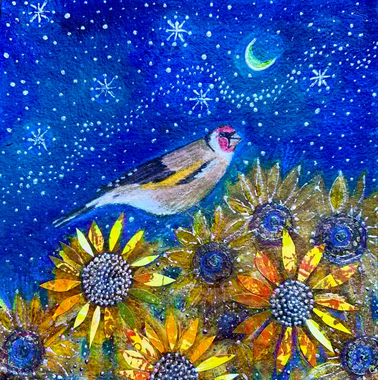Goldfinch and the Sunflowers, blank greetings card