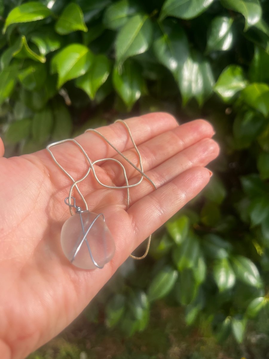 Sea glass necklace, silver
