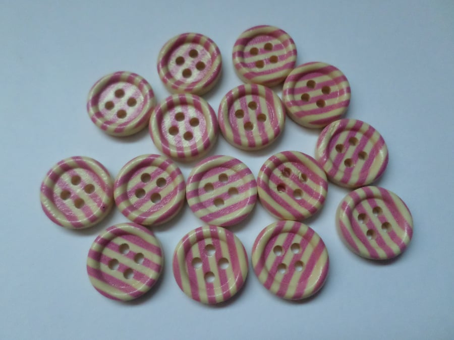 15 x 4-Hole Printed Wooden Buttons - Round - 15mm - Stripes - Bright Pink 