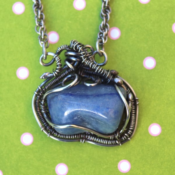 Silver Necklace - Handmade Woven Silver Sodalite Pendant  & Chain  -Viking Style