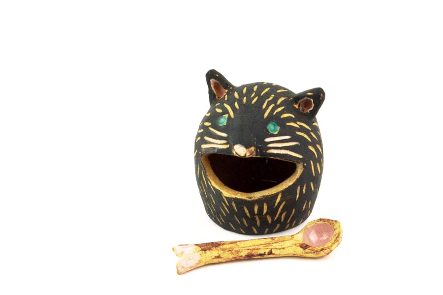 Black cat salt pot and fish tail spoon