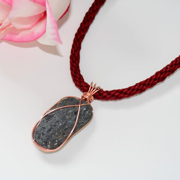 Wire-wrapped lava stone and maroon kumihimo necklace