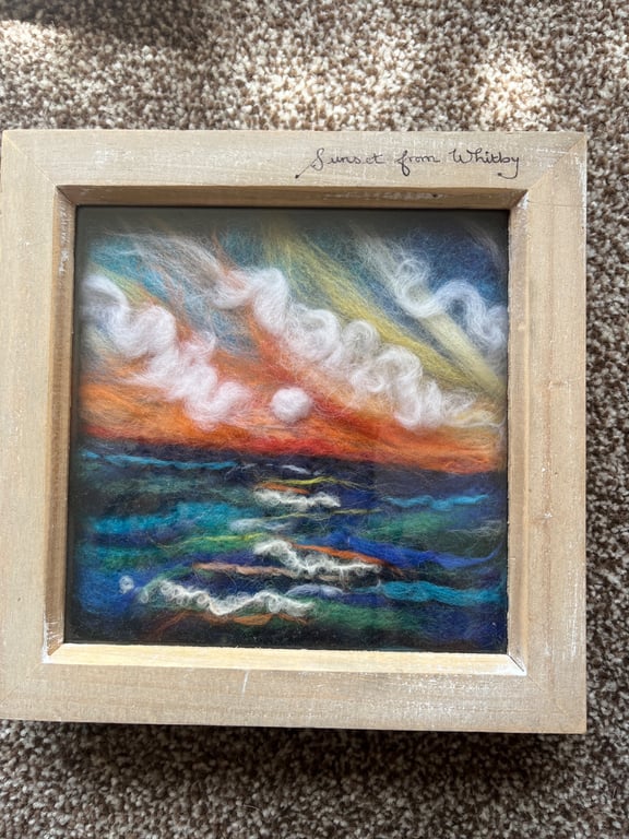 Needle felt sunset over the sea from Whitby pine frame 