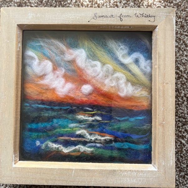 Needle felt sunset over the sea from Whitby pine frame 