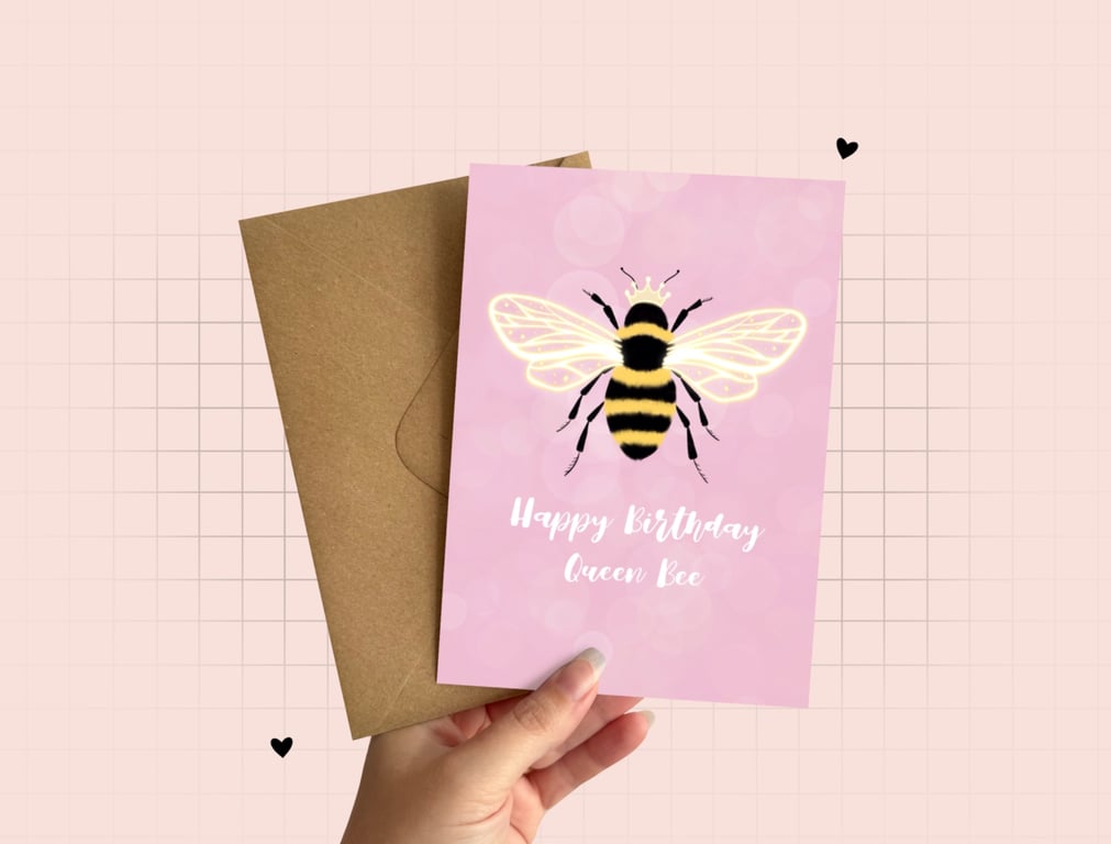 Happy Birthday Queen Bee Card, Bumble Bee Birthday Card, Cute Bee Card.