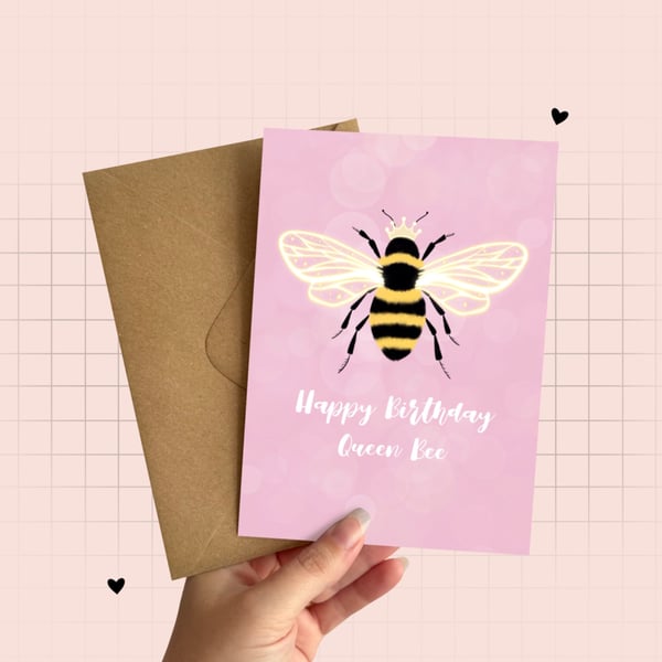 Happy Birthday Queen Bee Card, Bumble Bee Birthday Card, Cute Bee Card.