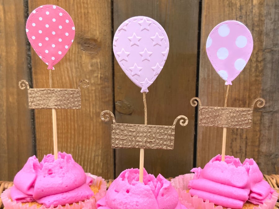 Hot Air Balloon Cupcake Toppers, Set of 12, Baby Shower, Gender Reveal, Cute Bir
