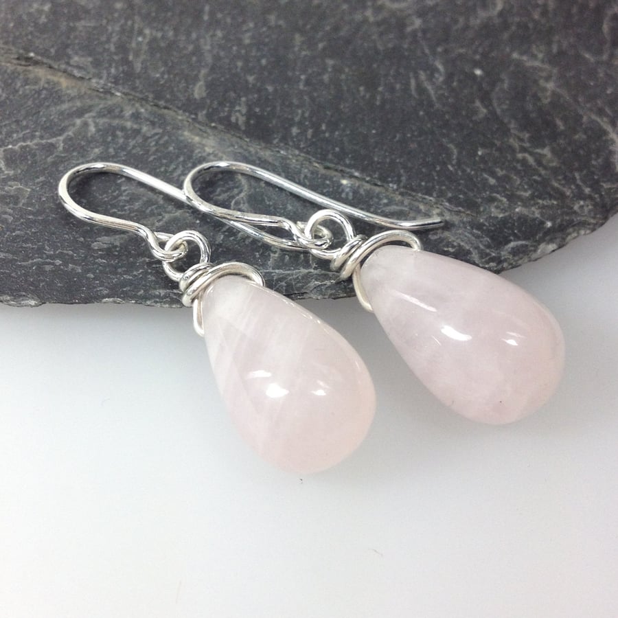 Silver and rose quartz pear drop earrings