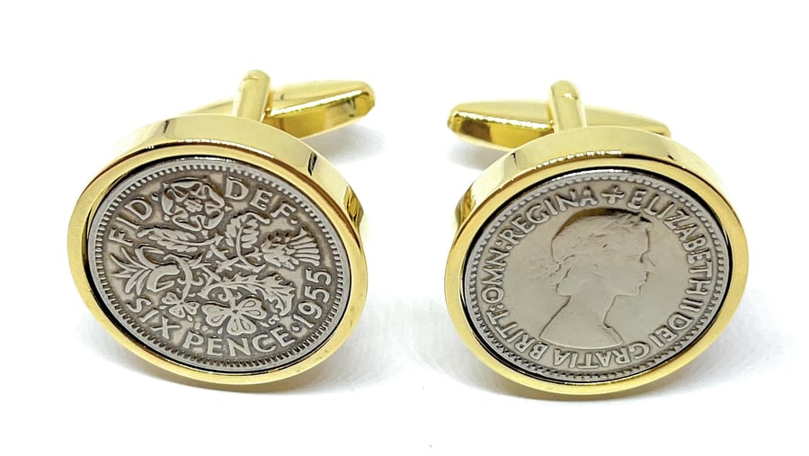 Premium Gold plated 1955 Sixpence Cufflinks for a 70th birthday HT