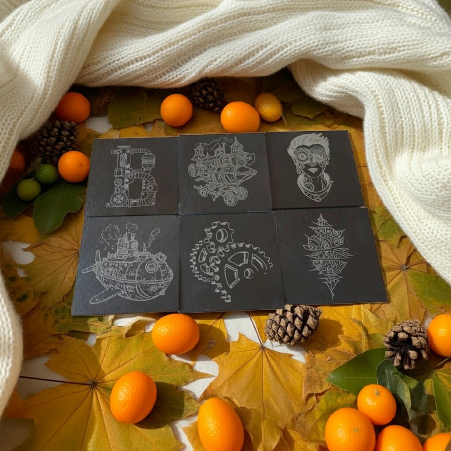  X 6  Natural Slate Coasters. Steampunk Theme.. .