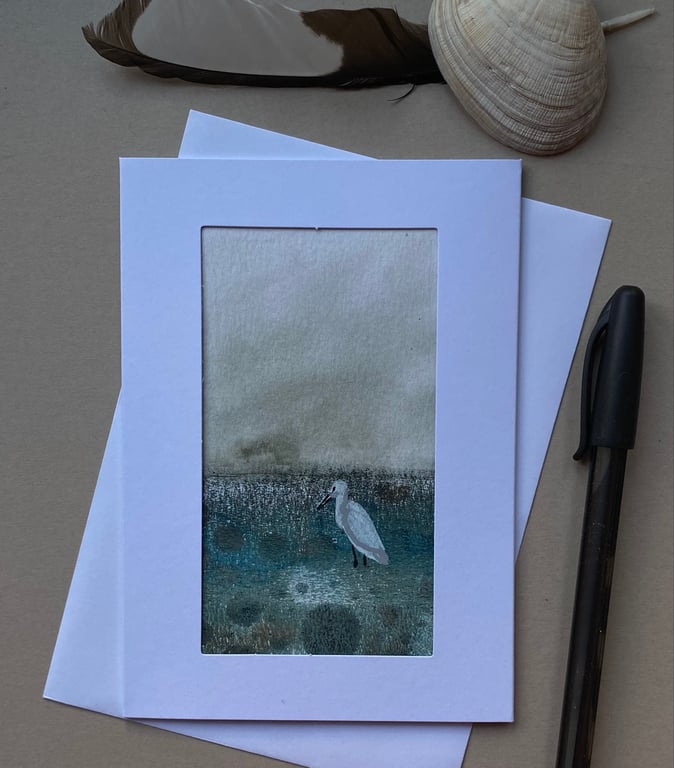 Lone egret hand painted greetings card