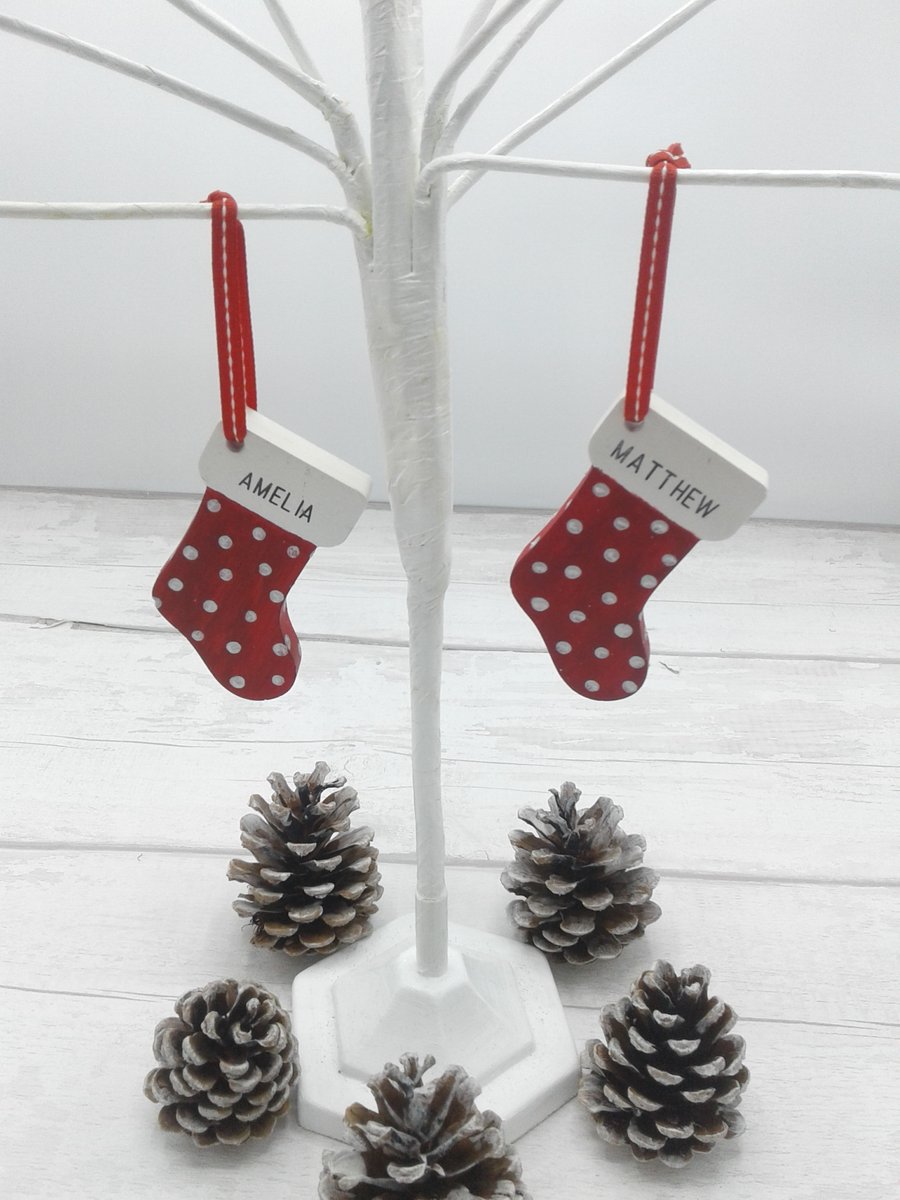 Personalised Christmas decoration. Tree decoration. Ceramic stocking.