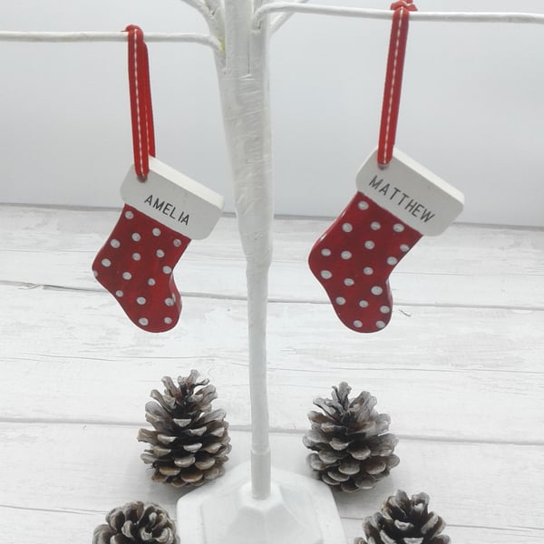 Personalised Christmas decoration. Tree decoration. Ceramic stocking.