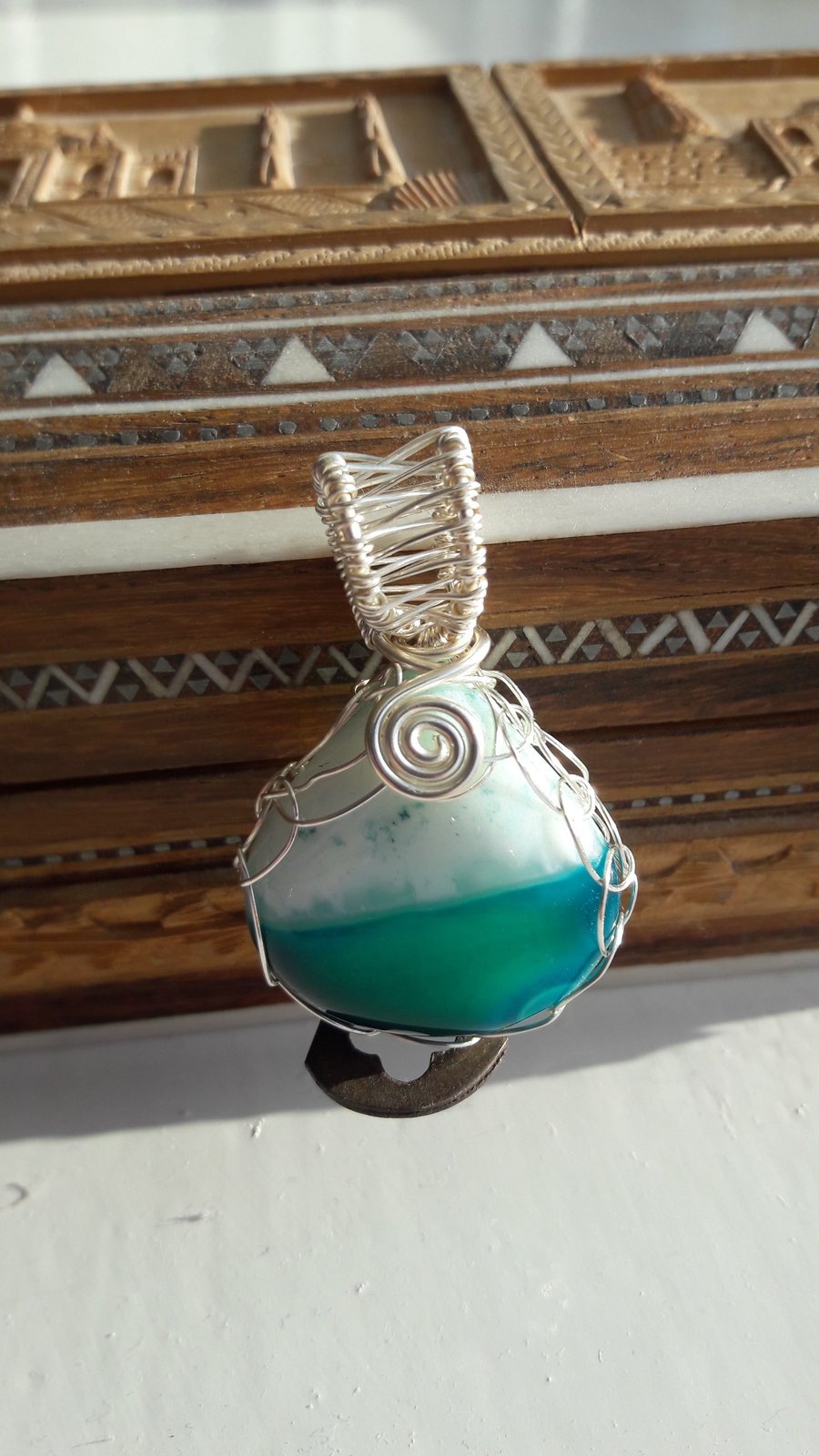 Green and White Onyx Teardrop Wire Wrapped Pendant