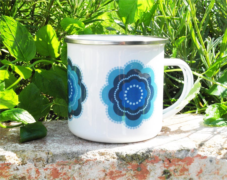 JEMIMA Enamel Camping Mug - Turquoise retro graphic flowers