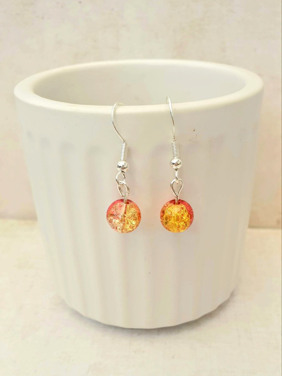 Red and Yellow Crackle Glass Earrings on 925 Silver-Plated Ear Wires
