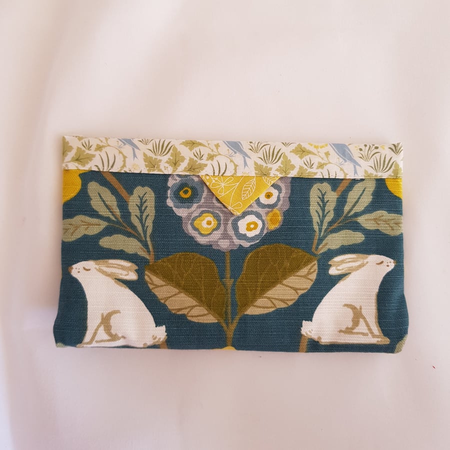 Snap purse: hares on teal