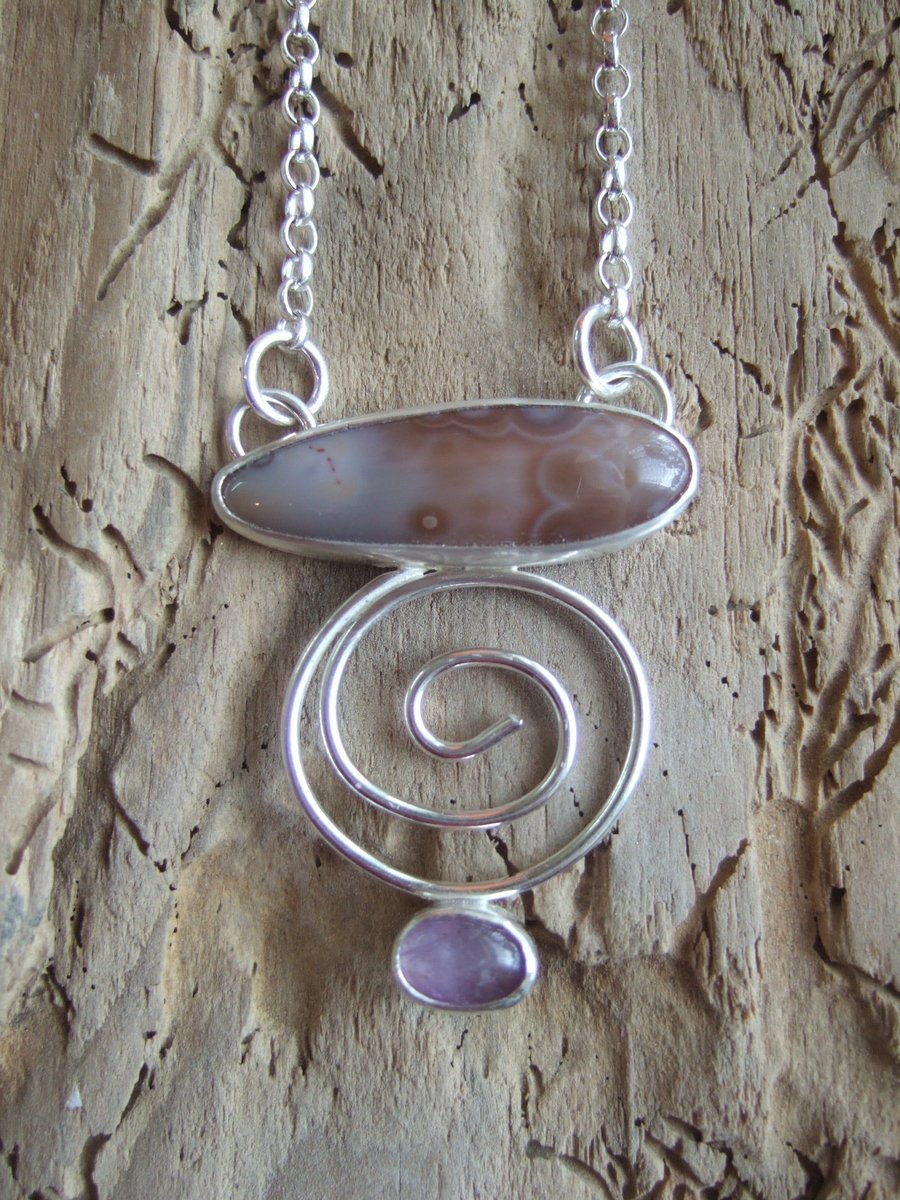 Sterling Silver Pendant with Scottish Agate and Amethyst