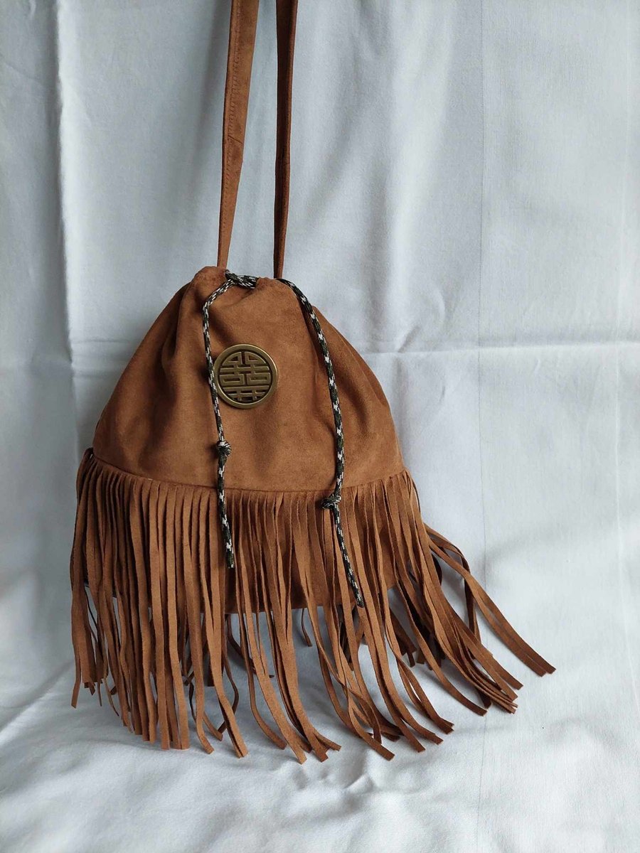 Unique upcycled imitation brown suede fringed bag