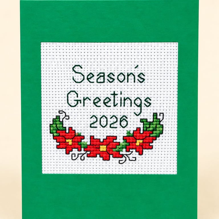 Handmade Cross Stitch Season's Greetings 2026 Christmas Card – Poinsettias