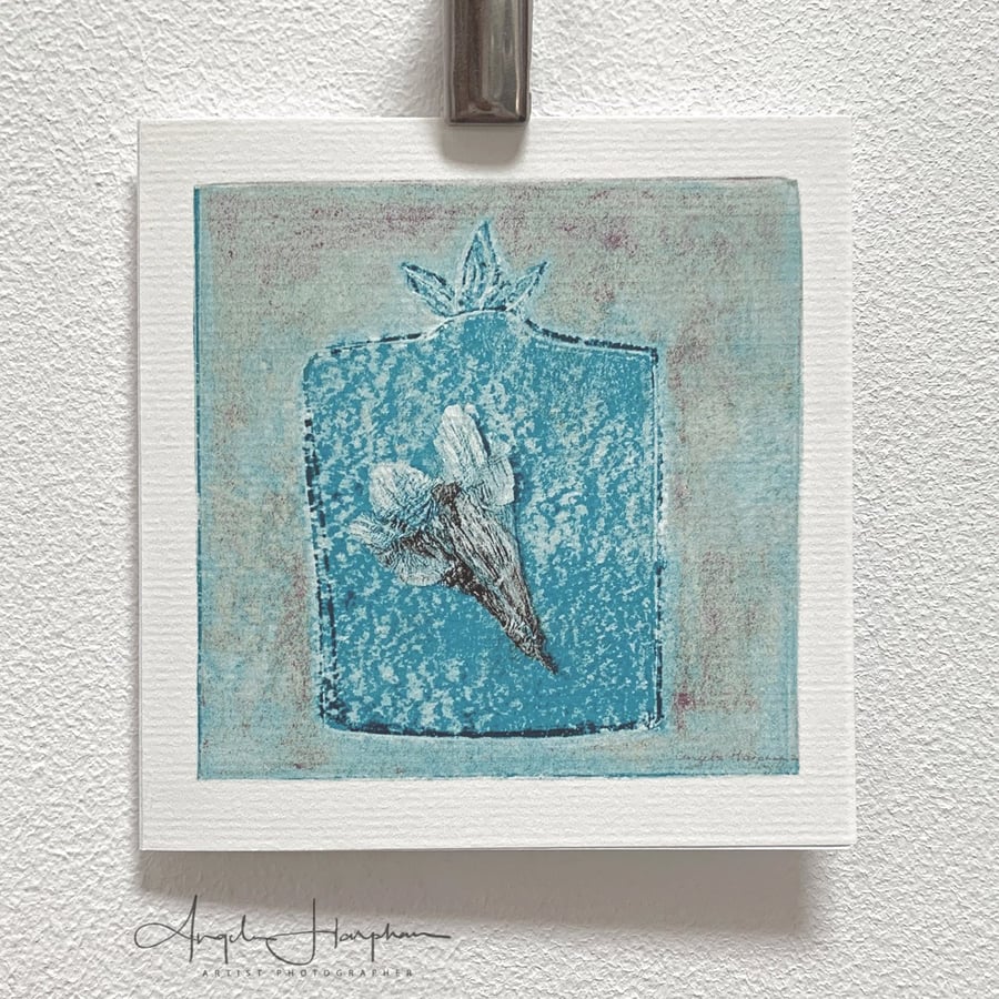 Square Blank Art Card from original Linocut-Perfume Bottle with Pressed Freesia