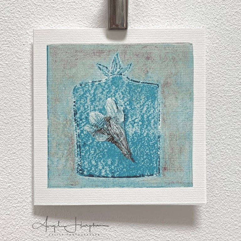 Square Blank Art Card from original Linocut-Perfume Bottle with Pressed Freesia