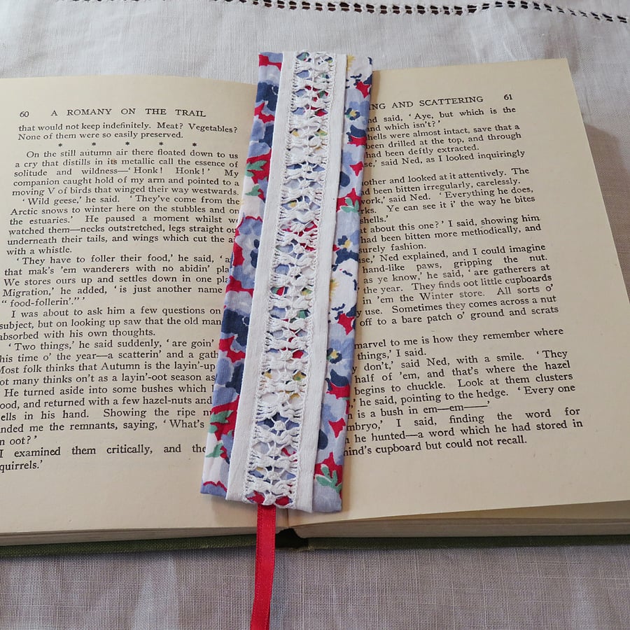 Bookmark - vintage drawn thread work blue, red and white