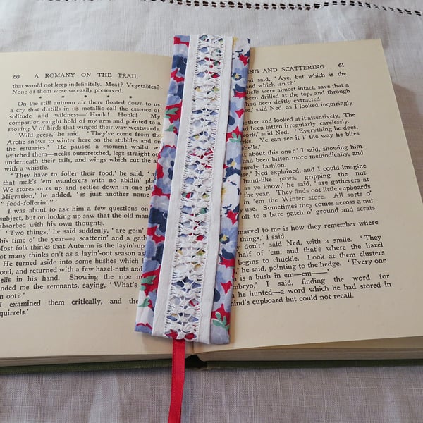 Bookmark - vintage drawn thread work blue, red and white
