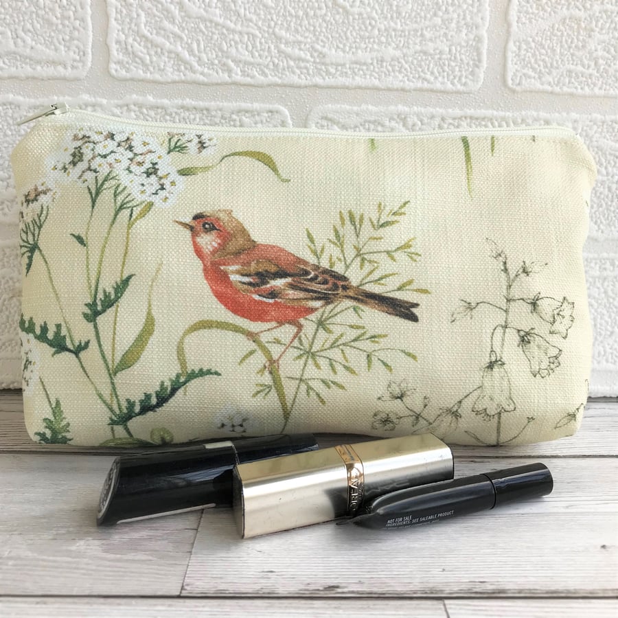Make up bag, cosmetic bag with chaffinch and cow parsley