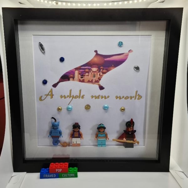 Aladdin framed custom Lego minifigures - Jasmine, Genie, Jafar
