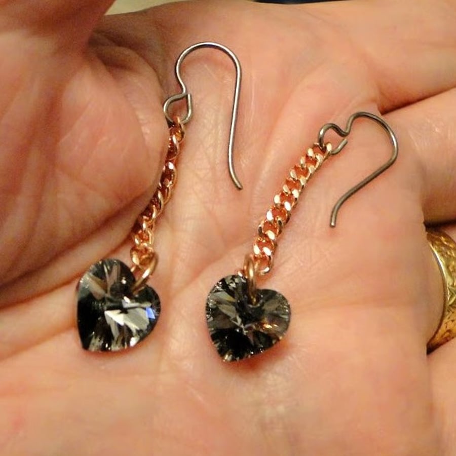 Dark Grey Black Swarovski Chrystal heart drop earrings  Rose gold revere 