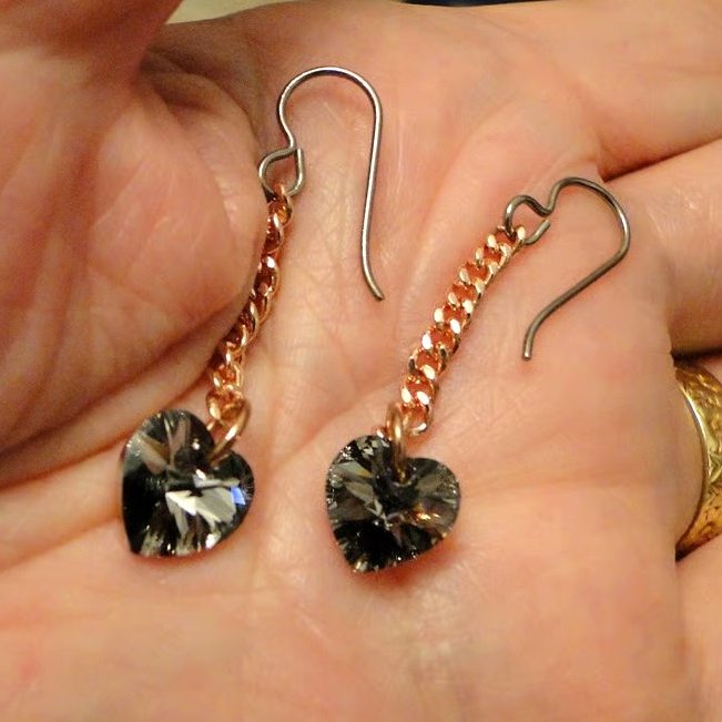 Dark Grey Black Swarovski Chrystal heart drop earrings  Rose gold revere 
