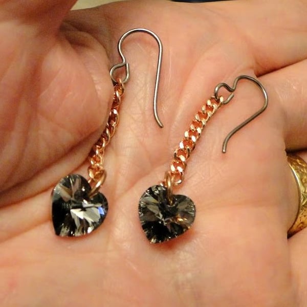 Dark Grey Black Swarovski Chrystal heart drop earrings  Rose gold revere 