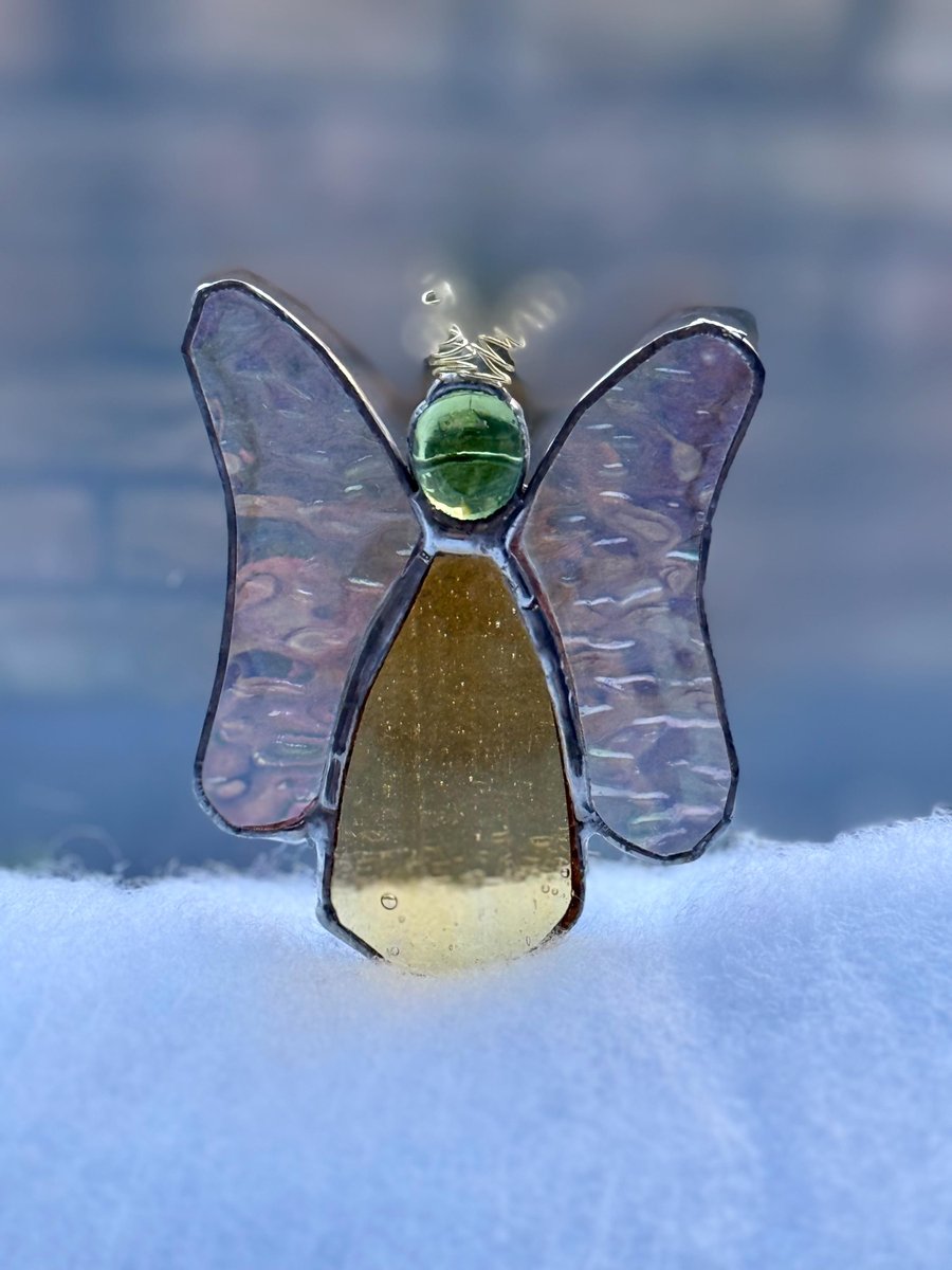 Stained Glass Flutterby Fairy - Translucent amber body with clear irridised wing
