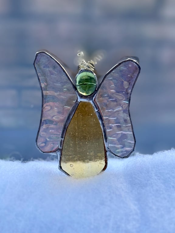 Stained Glass Flutterby Fairy - Translucent amber body with clear irridised wing