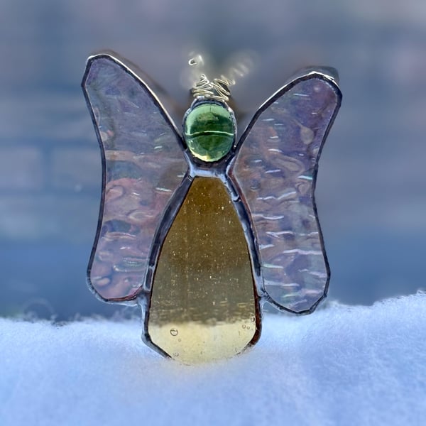 Stained Glass Flutterby Fairy - Translucent amber body with clear irridised wing