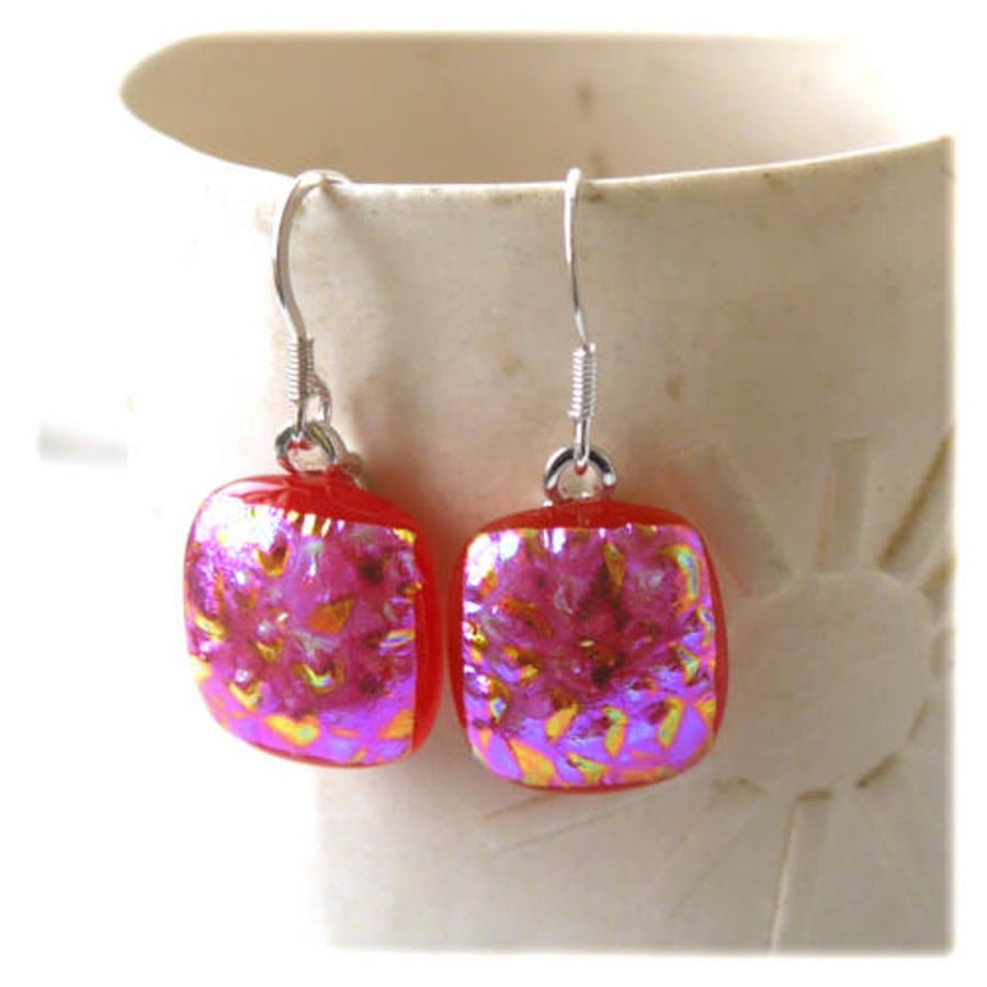 Handmade Fused Dichroic Glass Earrings 284 Amber Pink