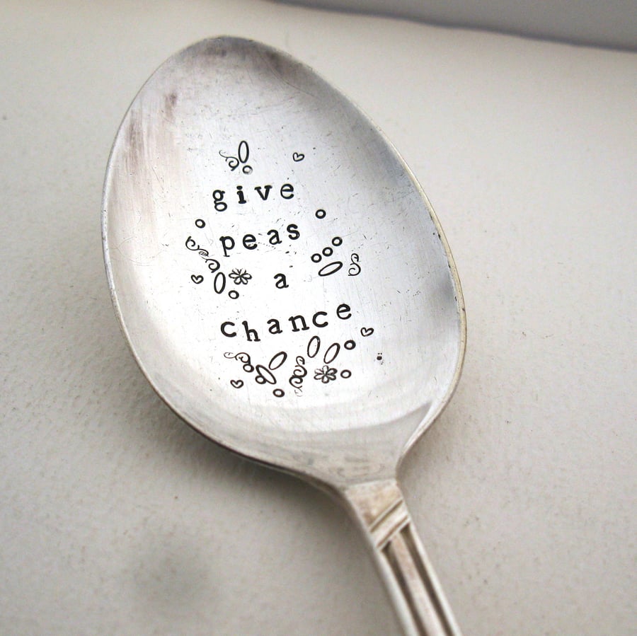 Hand Stamped Spoon, Give Peas A Chance 2