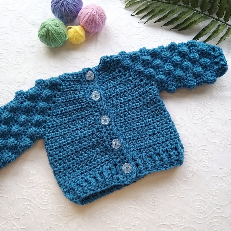 Crochet Bobble Cardigan Size 3 months Cornish Blue Sale 